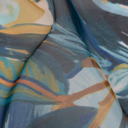 Sheer Polyester Woven Print - Dark Blue and Yellow Painterly Leaves - Mood Exclusive Eye of the Beholder Detail