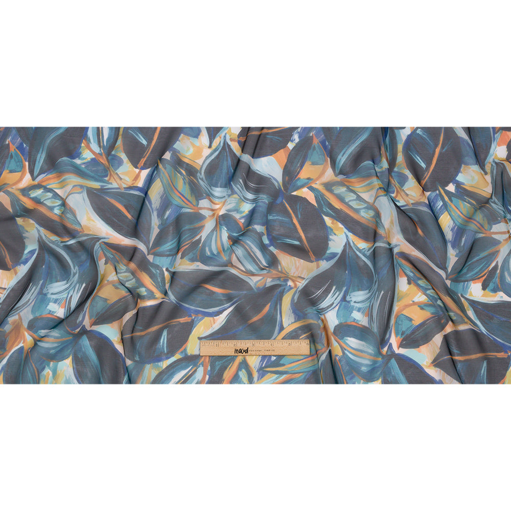 Sheer Polyester Woven Print - Dark Blue and Yellow Painterly Leaves - Mood Exclusive Eye of the Beholder Full