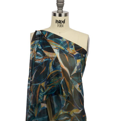 Sheer Polyester Woven Print - Dark Blue and Yellow Painterly Leaves - Mood Exclusive Eye of the Beholder Drape