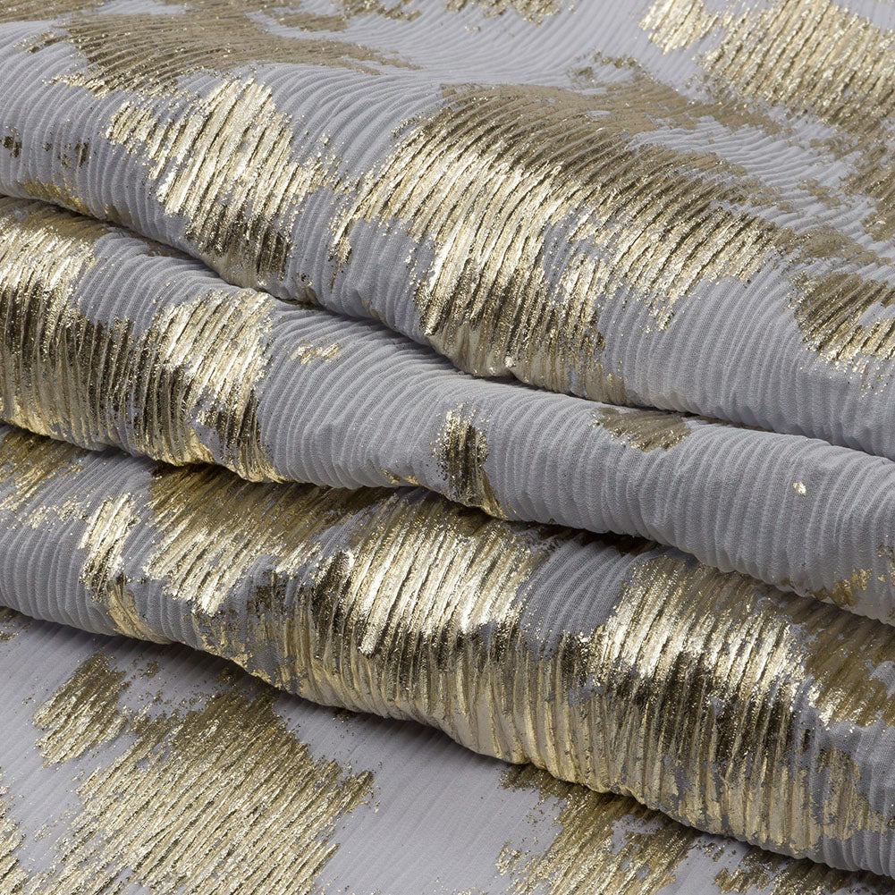 Polyester Chiffon Plisse with Abstract Gold Foiling - Gray - Aralia Collection