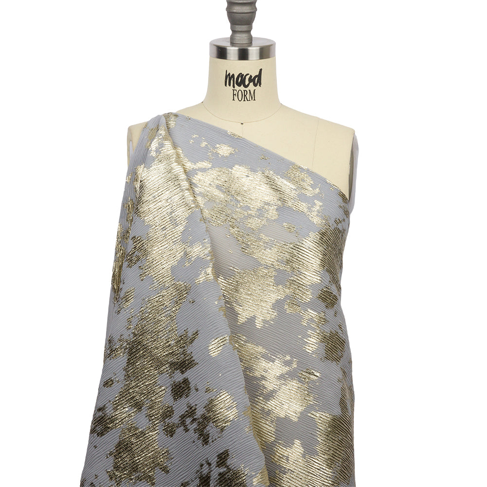 Polyester Chiffon Plisse with Abstract Gold Foiling - Gray - Aralia Collection