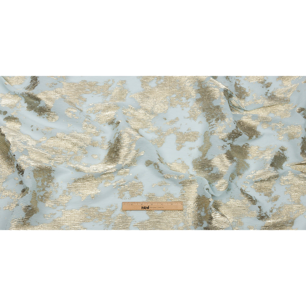 Polyester Chiffon Plisse with Abstract Gold Foiling - Pale Blue - Aralia Collection