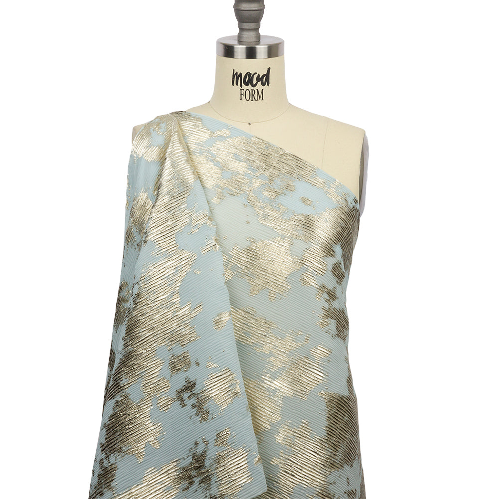 Polyester Chiffon Plisse with Abstract Gold Foiling - Pale Blue - Aralia Collection