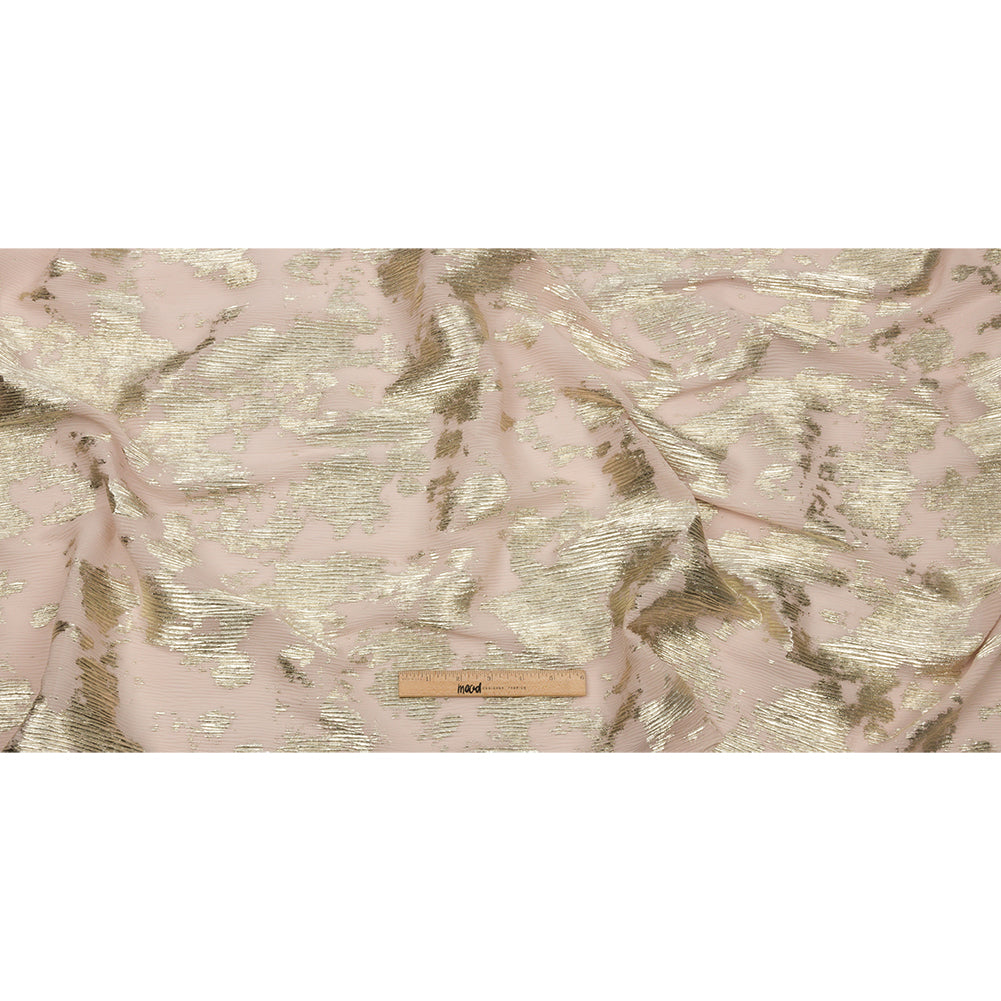 Polyester Chiffon Plisse with Abstract Gold Foiling - Beige - Aralia Collection