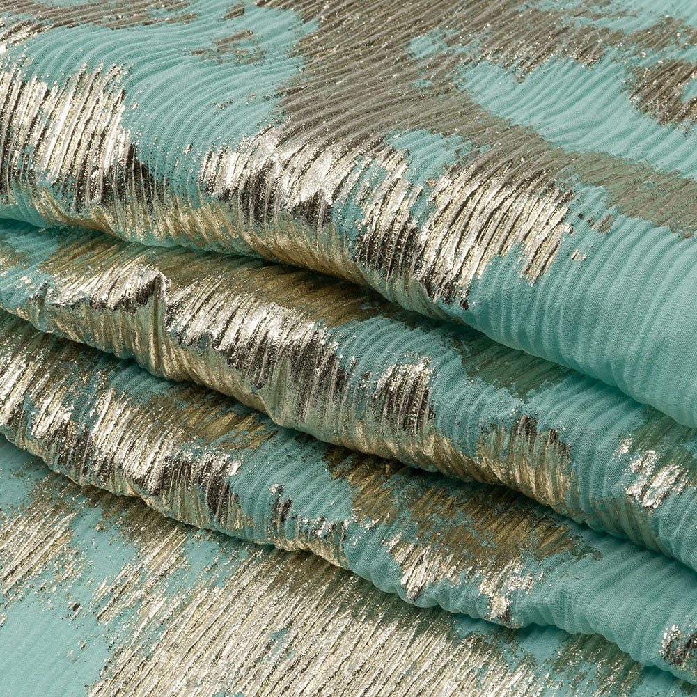 Polyester Chiffon Plisse with Abstract Gold Foiling - Mint - Aralia Collection - Folded
