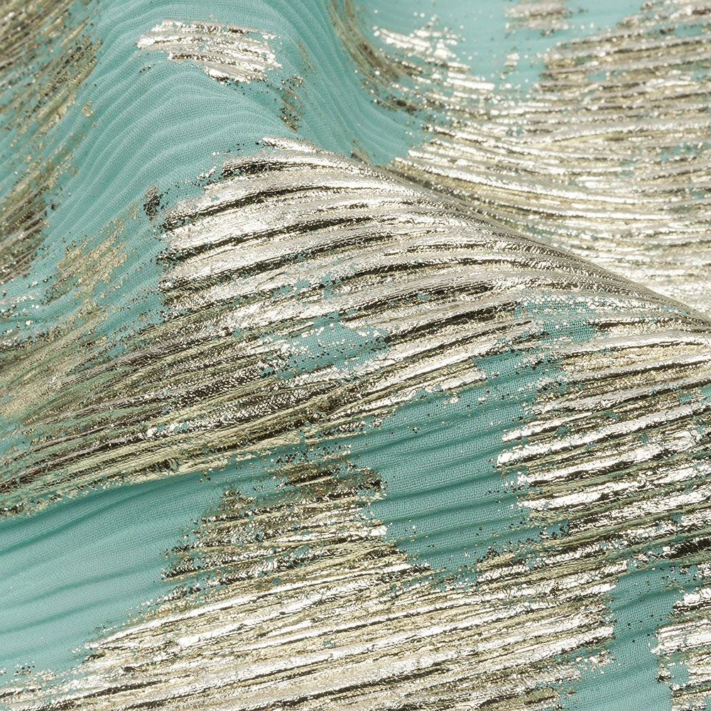 Polyester Chiffon Plisse with Abstract Gold Foiling - Mint - Aralia Collection - Detail