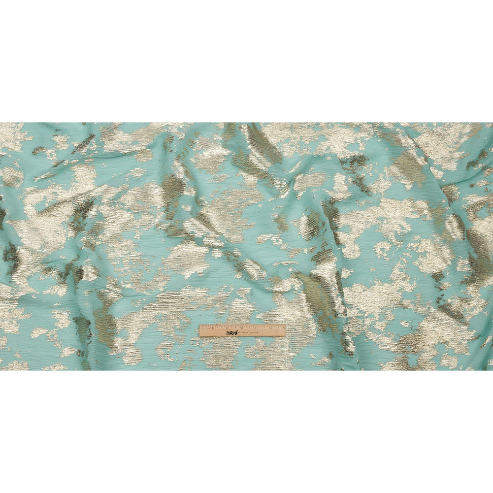 Polyester Chiffon Plisse with Abstract Gold Foiling - Mint - Aralia Collection - Full