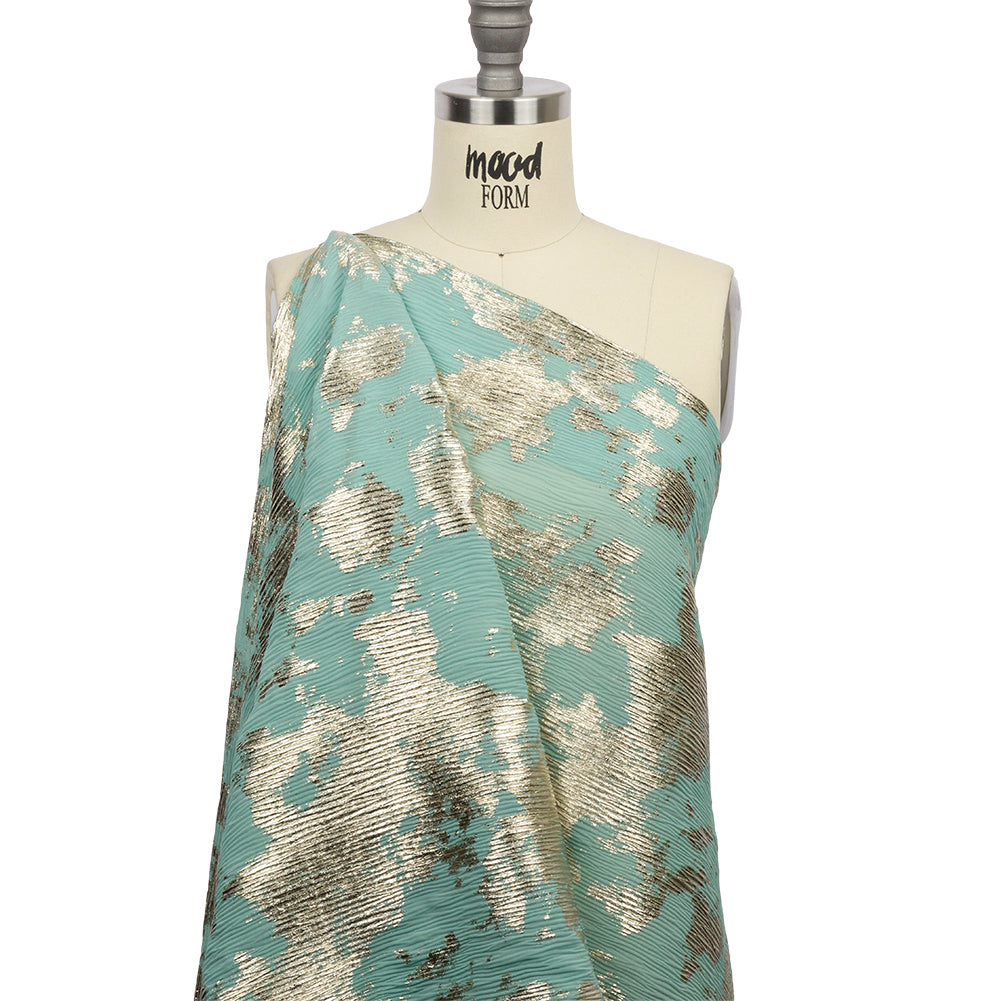 Polyester Chiffon Plisse with Abstract Gold Foiling - Mint - Aralia Collection - Drape