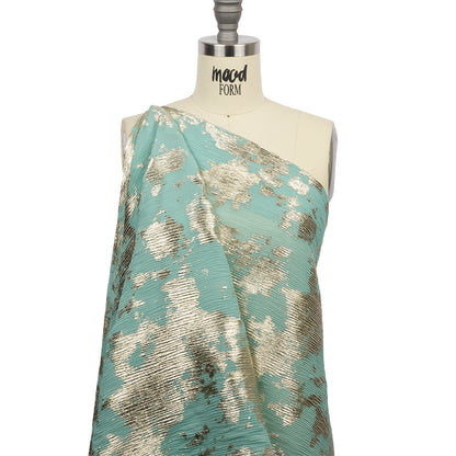 Polyester Chiffon Plisse with Abstract Gold Foiling - Mint - Aralia Collection