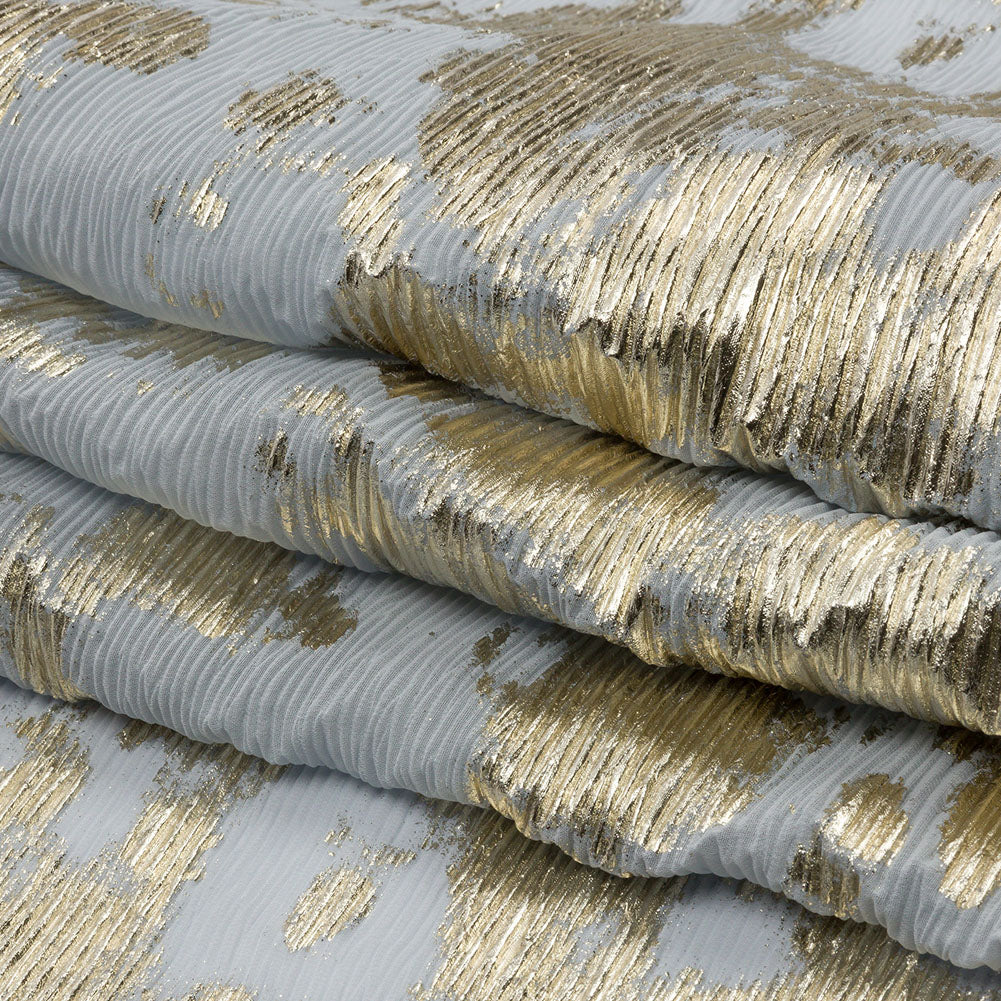 Polyester Chiffon Plisse with Abstract Gold Foiling - Silver-Gray - Aralia Collection - Folded