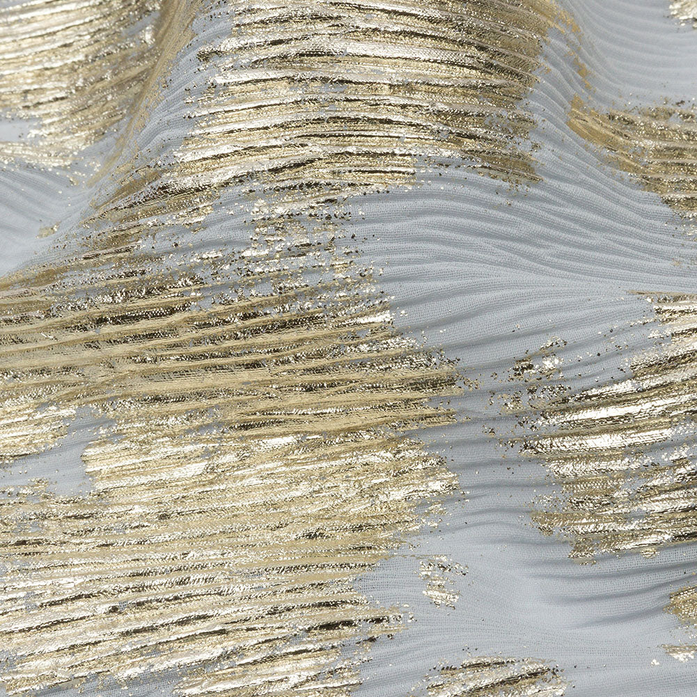 Polyester Chiffon Plisse with Abstract Gold Foiling - Silver-Gray - Aralia Collection - Detail