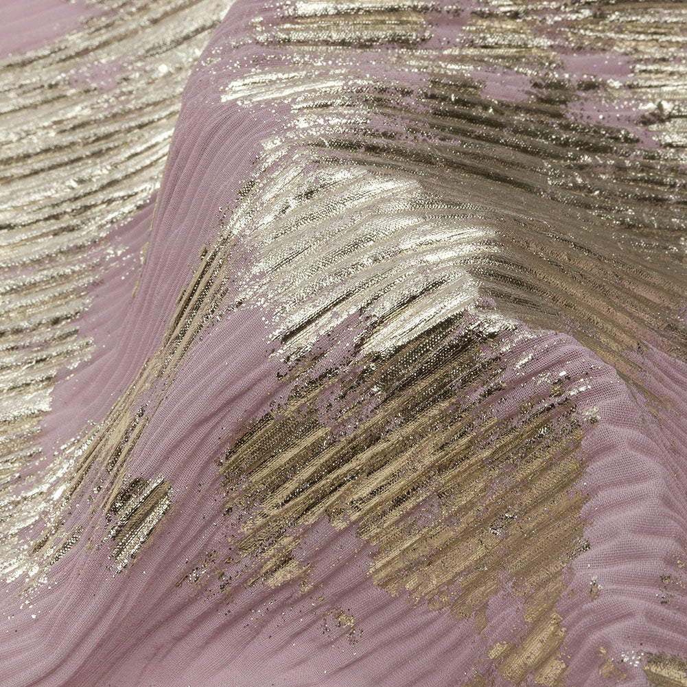 Polyester Chiffon Plisse with Abstract Gold Foiling - Mauve - Aralia Collection - Detail