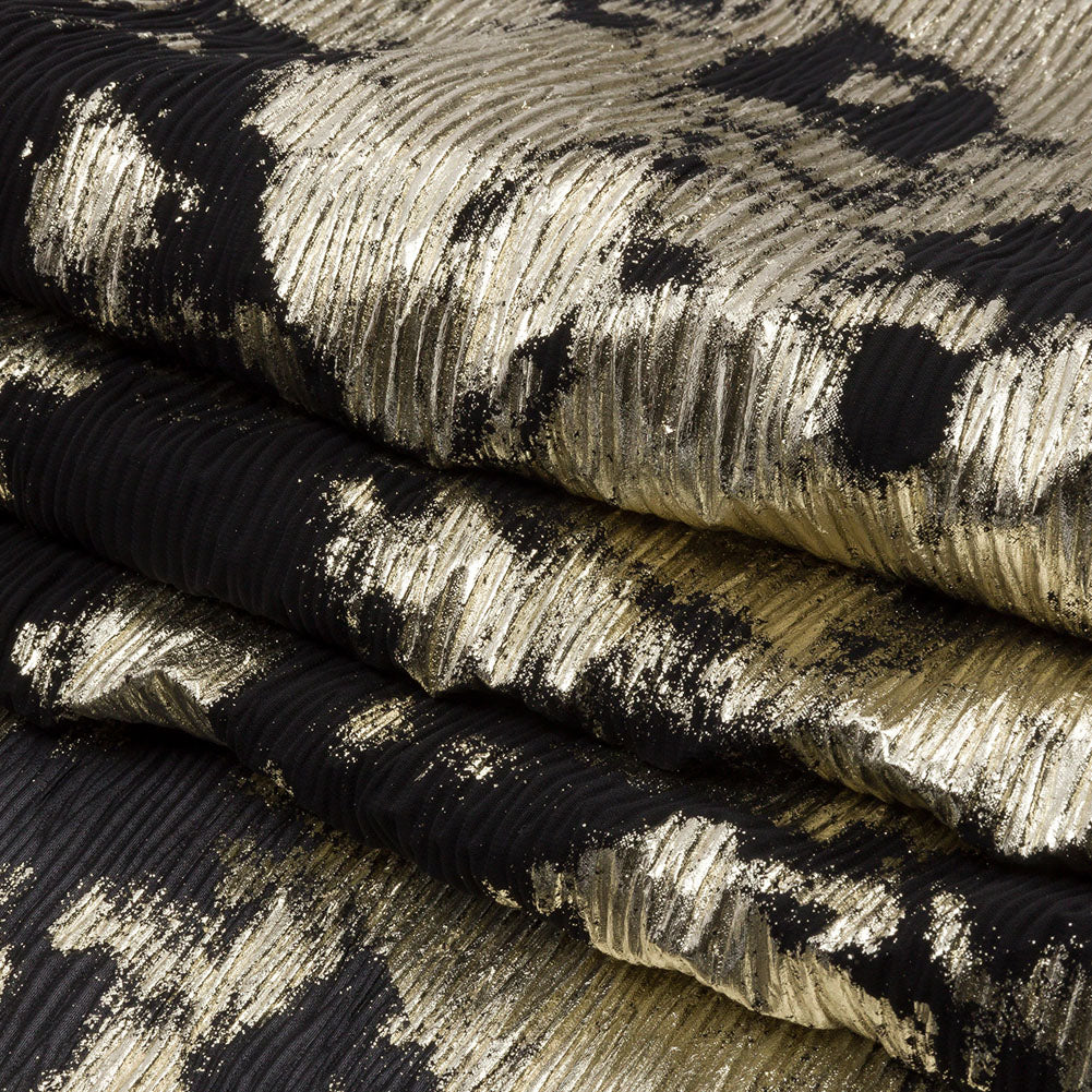 Polyester Chiffon Plisse with Abstract Gold Foiling - Black - Aralia Collection - Folded