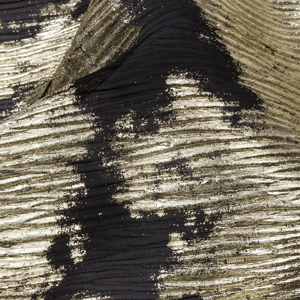 Polyester Chiffon Plisse with Abstract Gold Foiling - Black - Aralia Collection - Detail