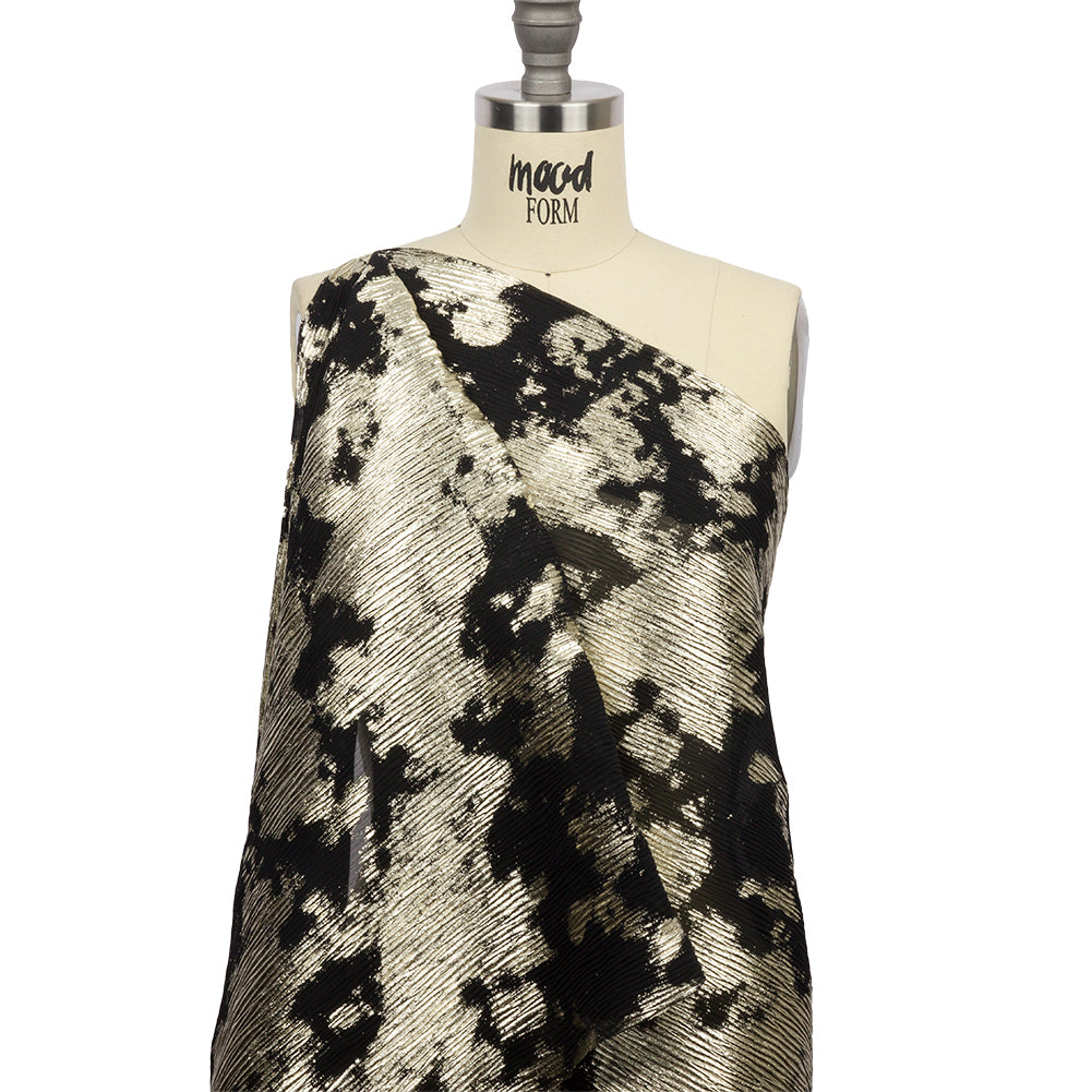 Polyester Chiffon Plisse with Abstract Gold Foiling - Black - Aralia Collection - Drape