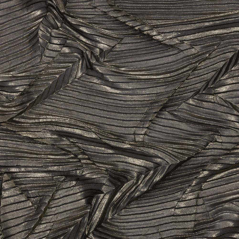 Polyester Chiffon with Abstract Pleats and Gold Foil - Black - Melia Collection