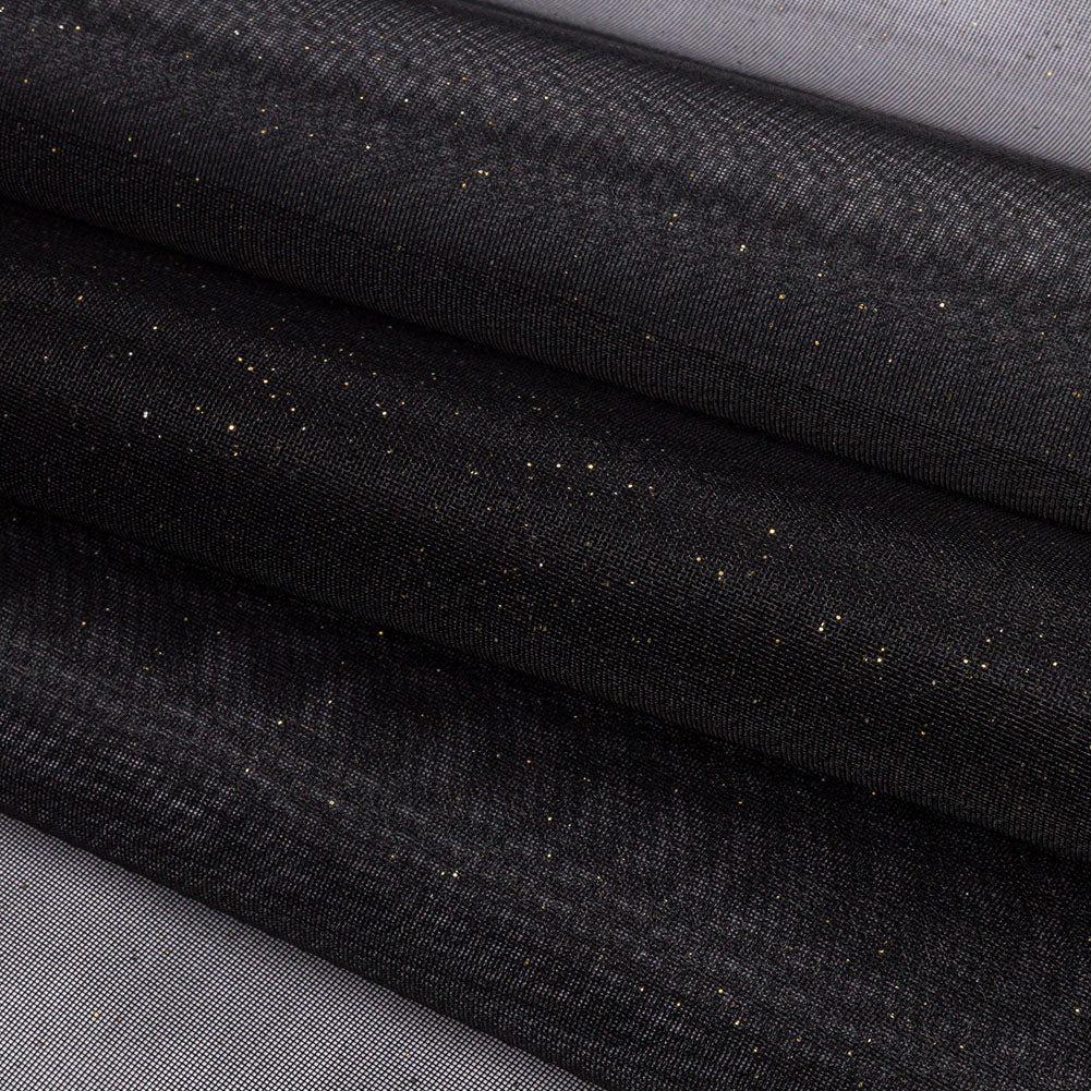 Polyester Mesh Organza with Gold Glitter - Black - Starlight Collection - Folded