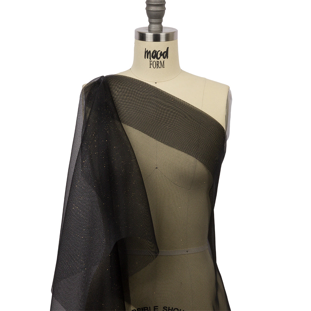 Polyester Mesh Organza with Gold Glitter - Black - Starlight Collection - Drape
