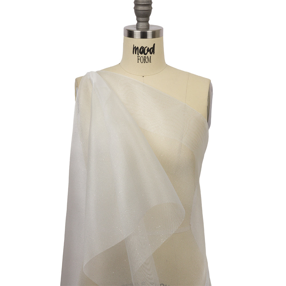 Polyester Mesh Organza with Silver Glitter - White - Starlight Collection