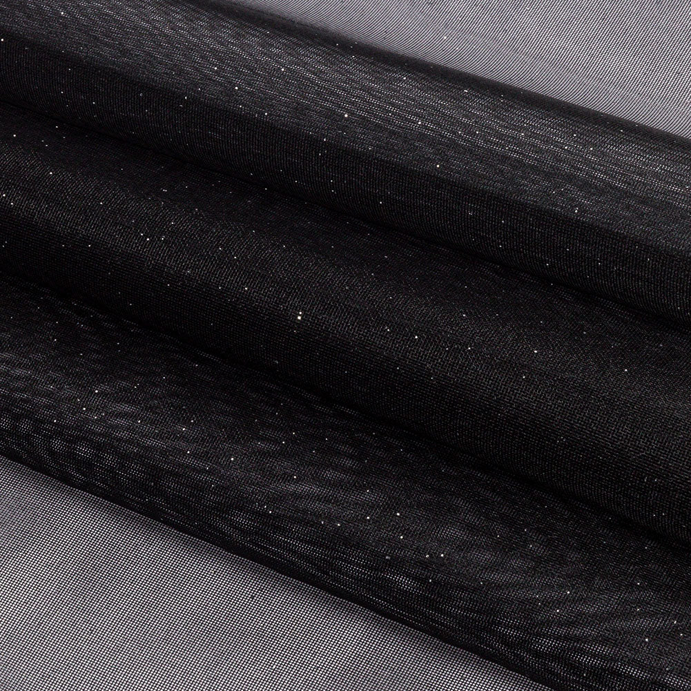 Polyester Mesh Organza with Silver Glitter - Black - Starlight Collection - Folded