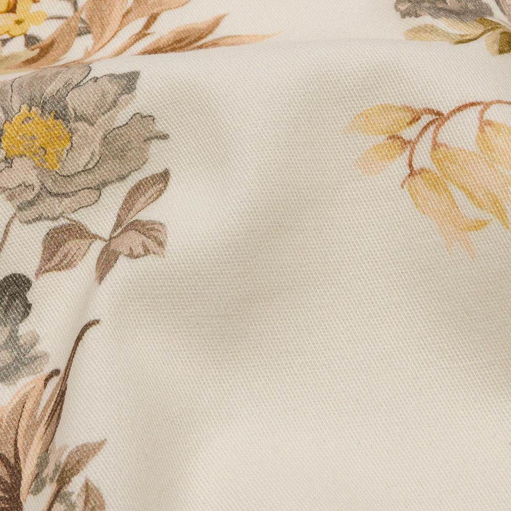 Brushed Stretch Cotton Twill Panel - Cream, Pink and Peach Floral Columns - Mood Exclusive Parthenon Petals Detail