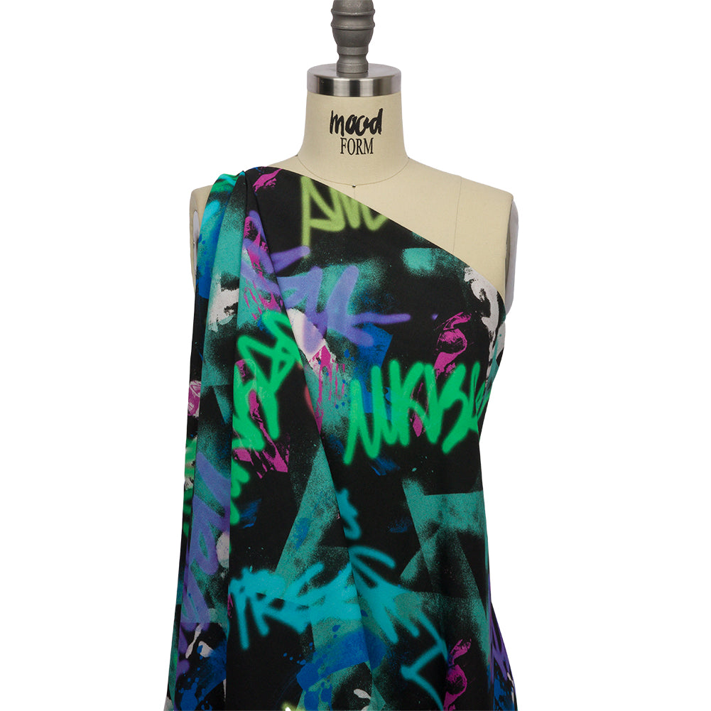 Sustainable Viscose Crepe Print - Black, Turquoise and Green Graffiti - Mood Exclusive Basquiat Beat Drape