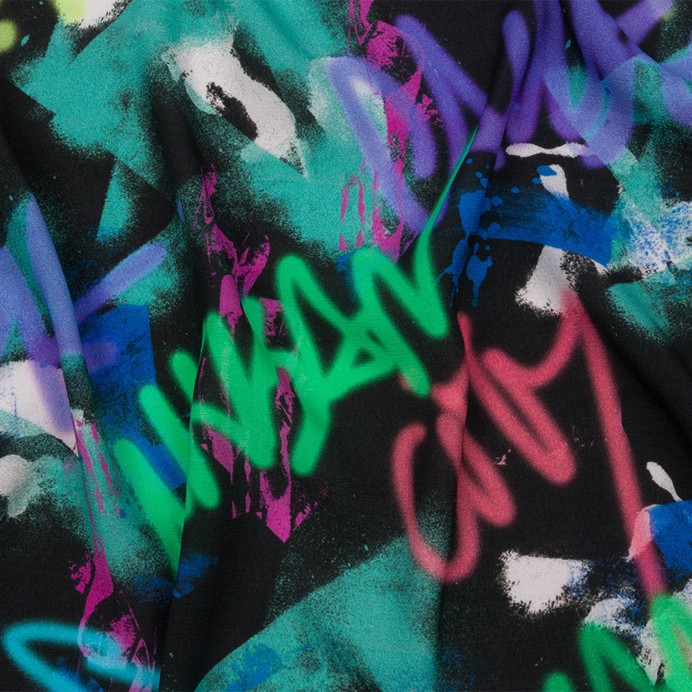 Sustainable Viscose Crepe Print - Black, Turquoise and Green Graffiti - Mood Exclusive Basquiat Beat