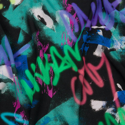 Sustainable Viscose Crepe Print - Black, Turquoise and Green Graffiti - Mood Exclusive Basquiat Beat