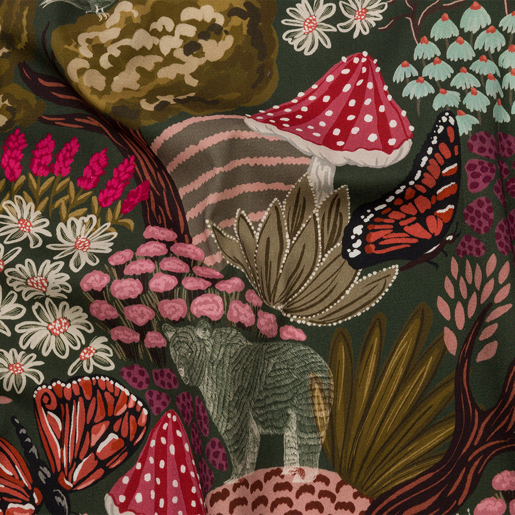 Stretch Cotton Twill Print - Red and Green Mushrooms and Flowers - Mood Exclusive Woodland Escape