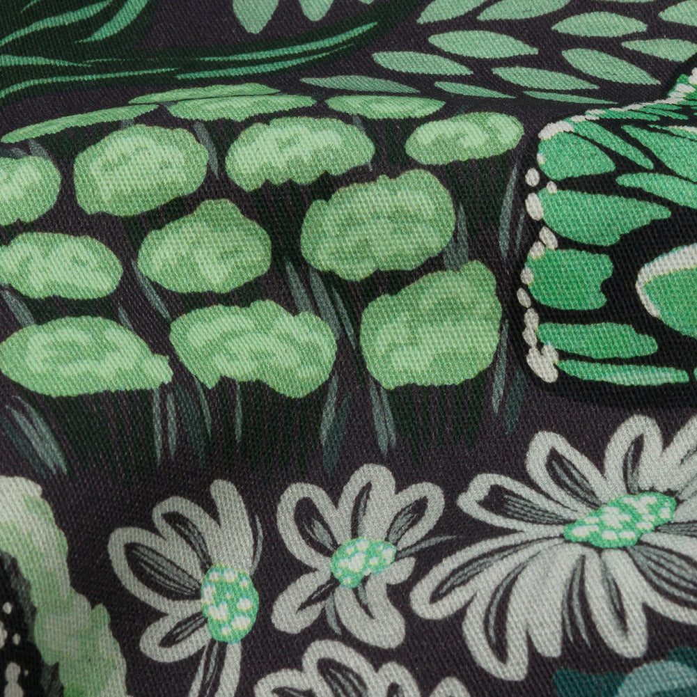 Stretch Cotton Twill Print - Green Mushrooms and Flowers - Mood Exclusive Woodland Escape Detail