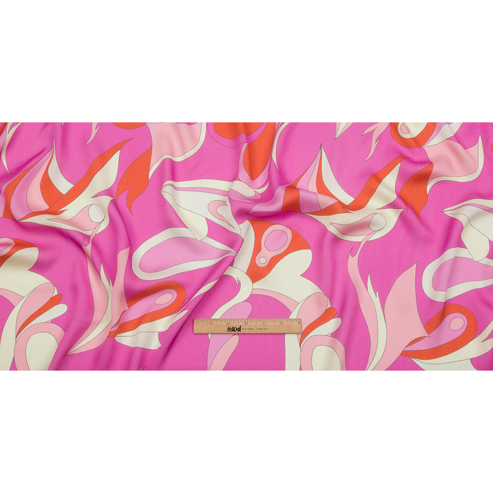 Sustainable and Recycled Viscose Satin Print - Hot Pink, Red-Orange and White Abstract - Mood Exclusive Free Falling Full