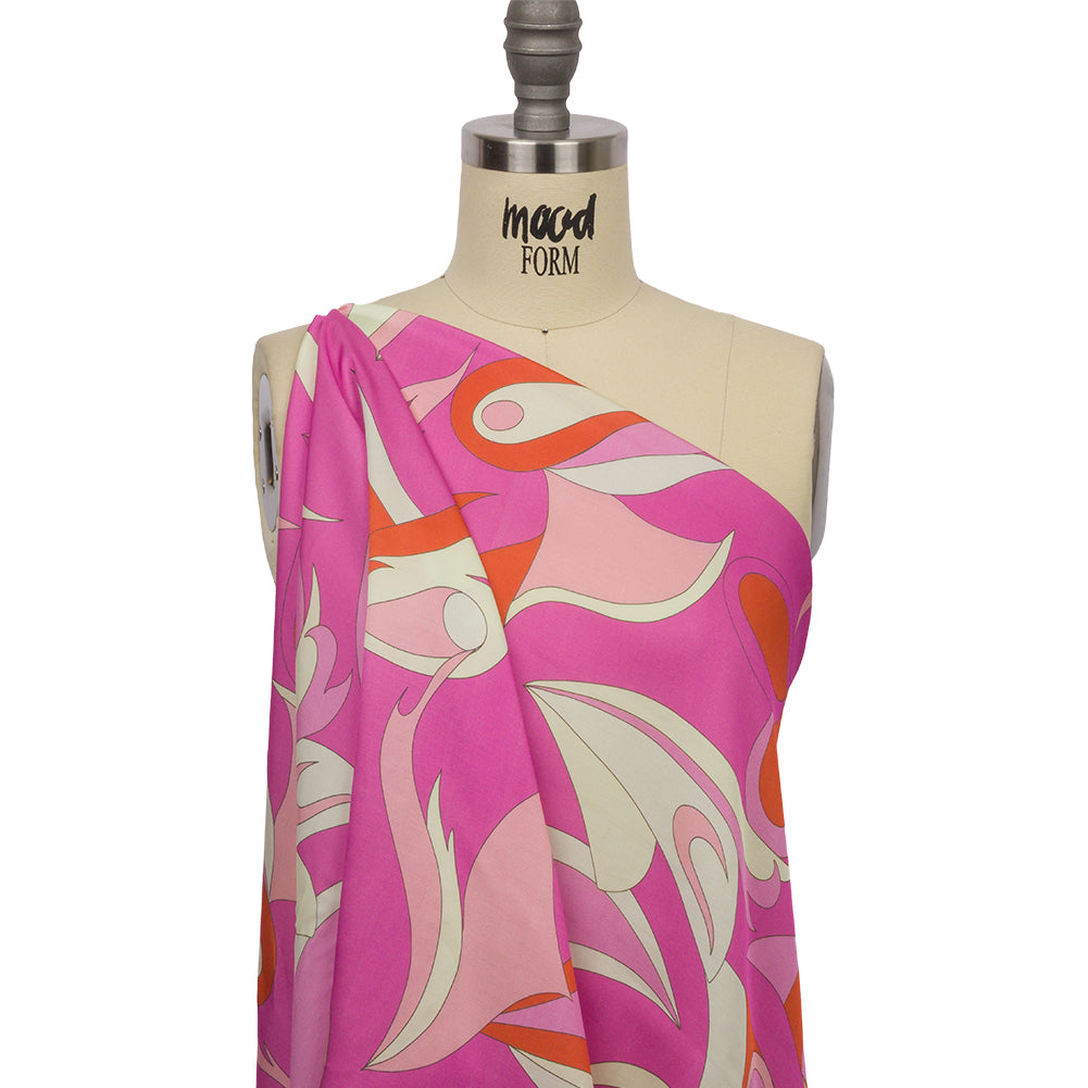 Sustainable and Recycled Viscose Satin Print - Hot Pink, Red-Orange and White Abstract - Mood Exclusive Free Falling Drape