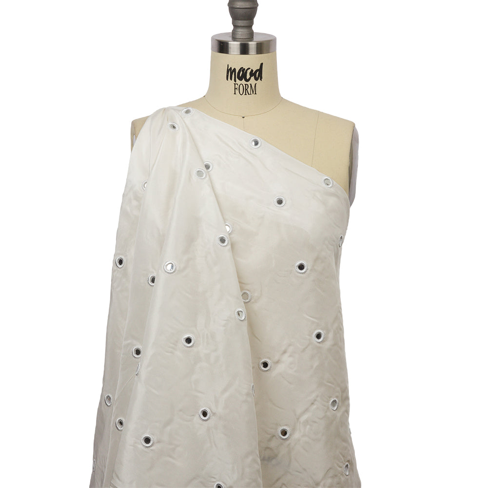 White Silk Taffeta with Embroidered Mirror Polka Dots Drape