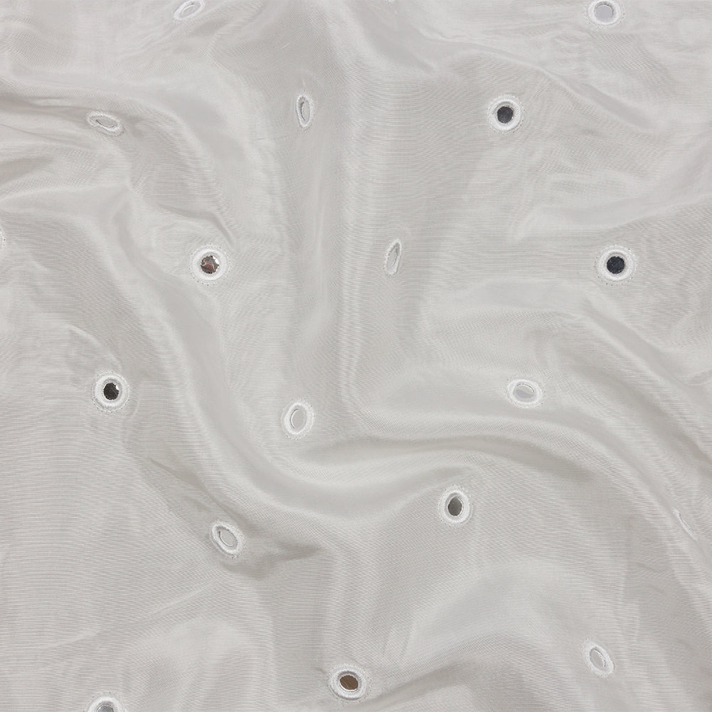 White Silk Taffeta with Embroidered Mirror Polka Dots