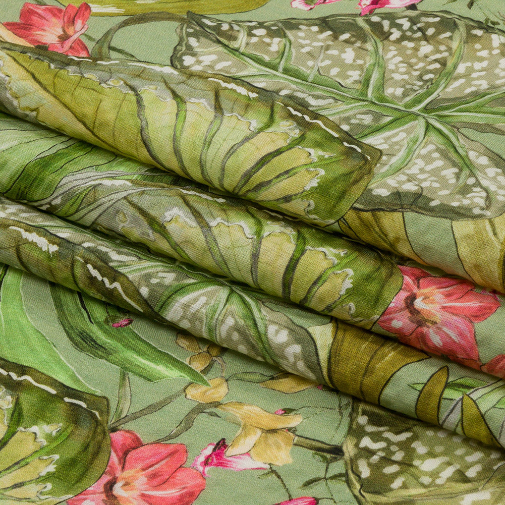 Cotton and Viscose Striped Seersucker Print - Green and Pink Tropical Leaves and Flowers - Mood Exclusive Monstera Mambo Folded