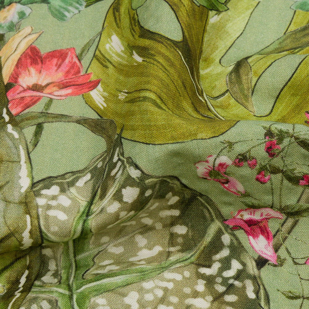 Cotton and Viscose Striped Seersucker Print - Green and Pink Tropical Leaves and Flowers - Mood Exclusive Monstera Mambo Detail