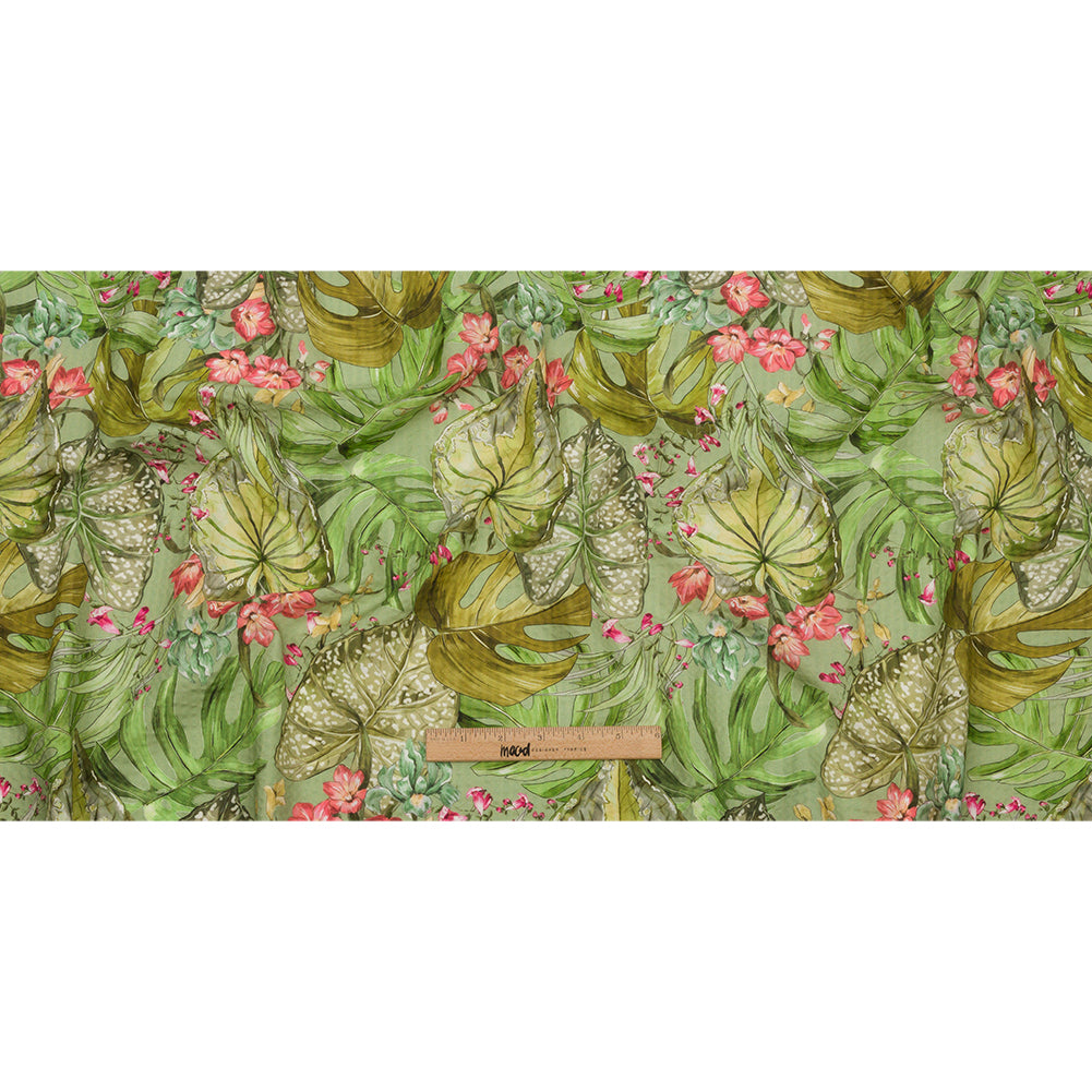Cotton and Viscose Striped Seersucker Print - Green and Pink Tropical Leaves and Flowers - Mood Exclusive Monstera Mambo Full