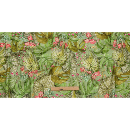 Cotton and Viscose Striped Seersucker Print - Green and Pink Tropical Leaves and Flowers - Mood Exclusive Monstera Mambo Full
