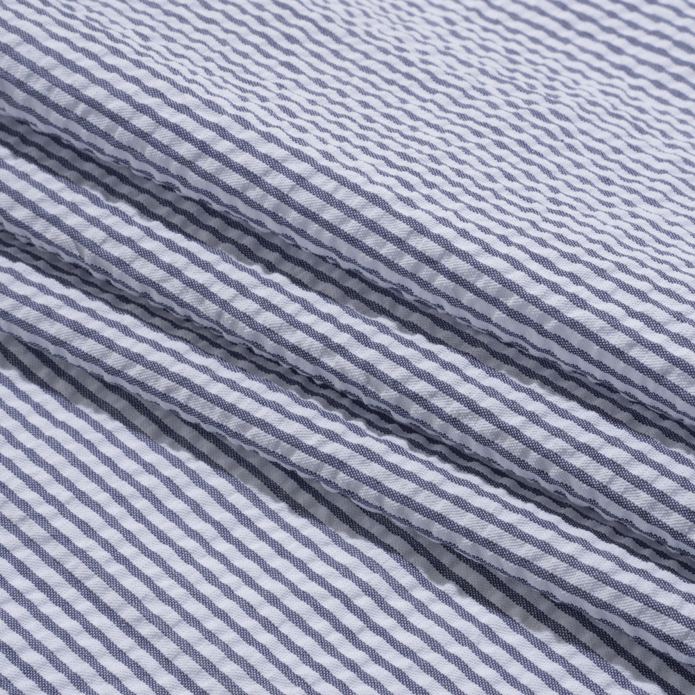 Polyester and Cotton Seersucker - Dark Blue and White Candy Stripes - Wylie Collection