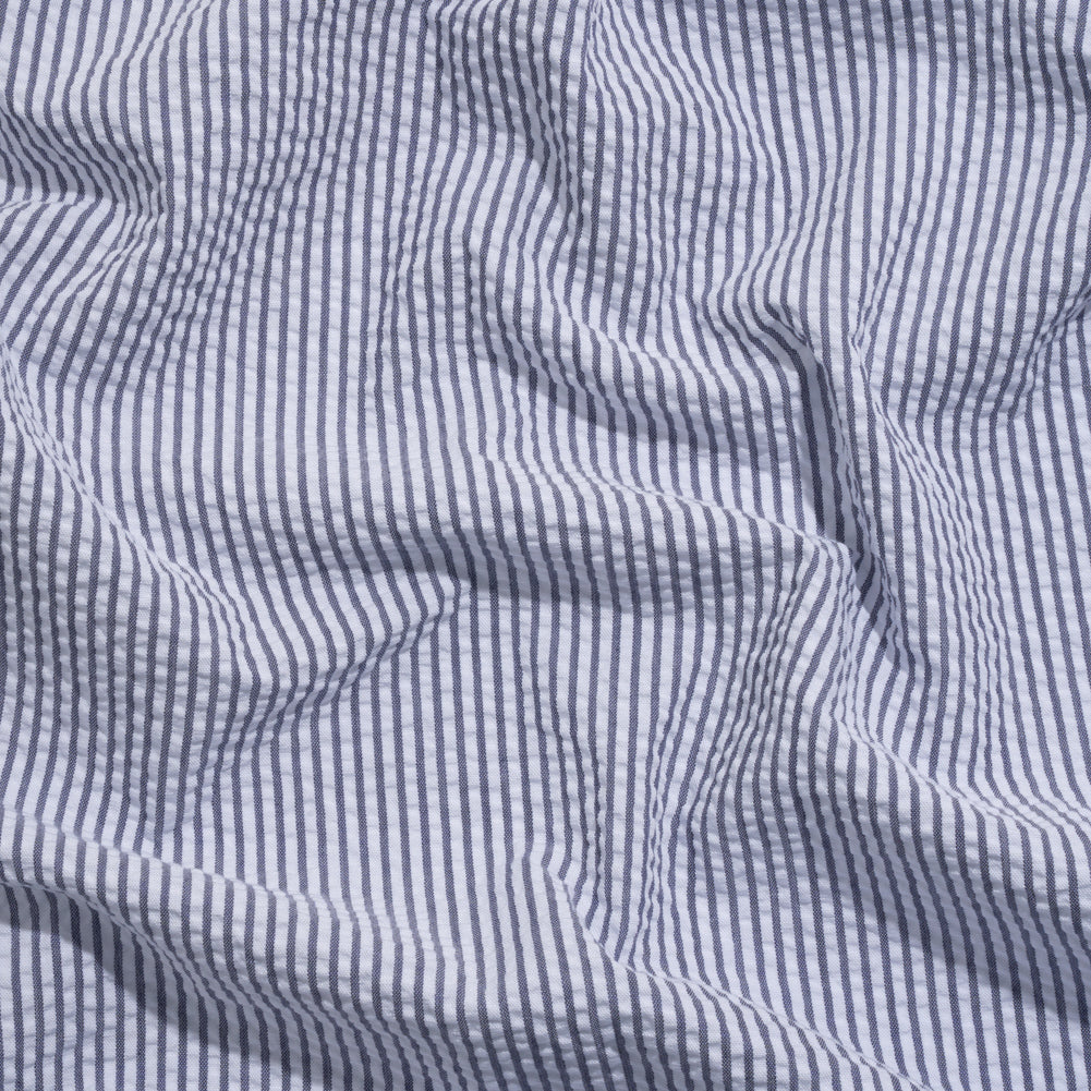 Polyester and Cotton Seersucker - Dark Blue and White Candy Stripes - Wylie Collection