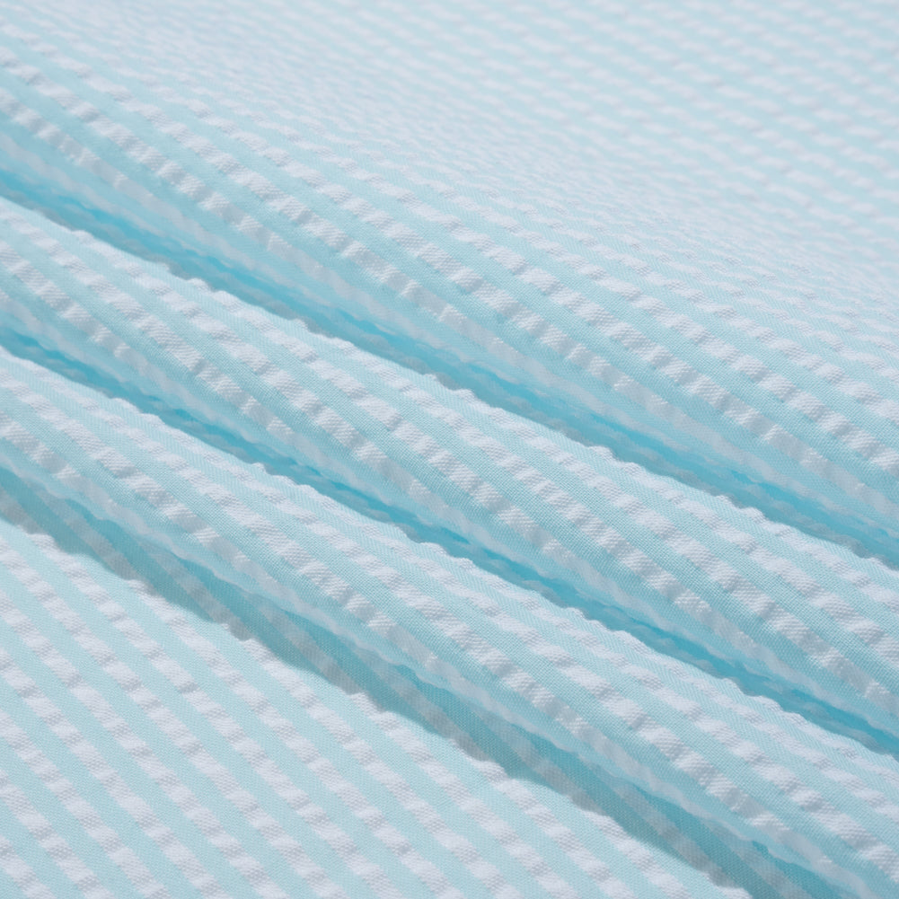 Polyester and Cotton Seersucker - Aegean Blue and White Candy Stripes - Wylie Collection