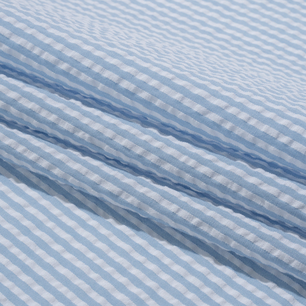 Polyester and Cotton Seersucker - Light Blue and White Candy Stripes - Wylie Collection