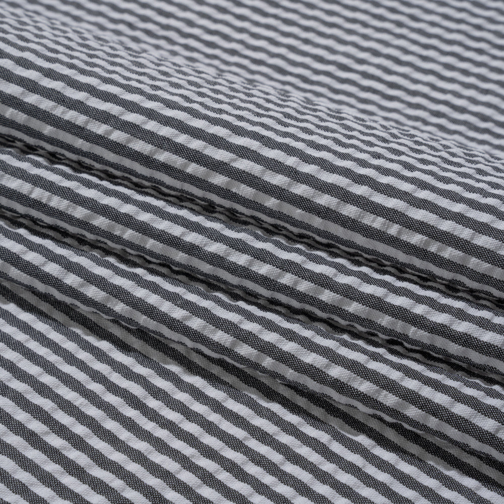 Polyester and Cotton Seersucker - Black and White Candy Stripes - Wylie Collection - Folded