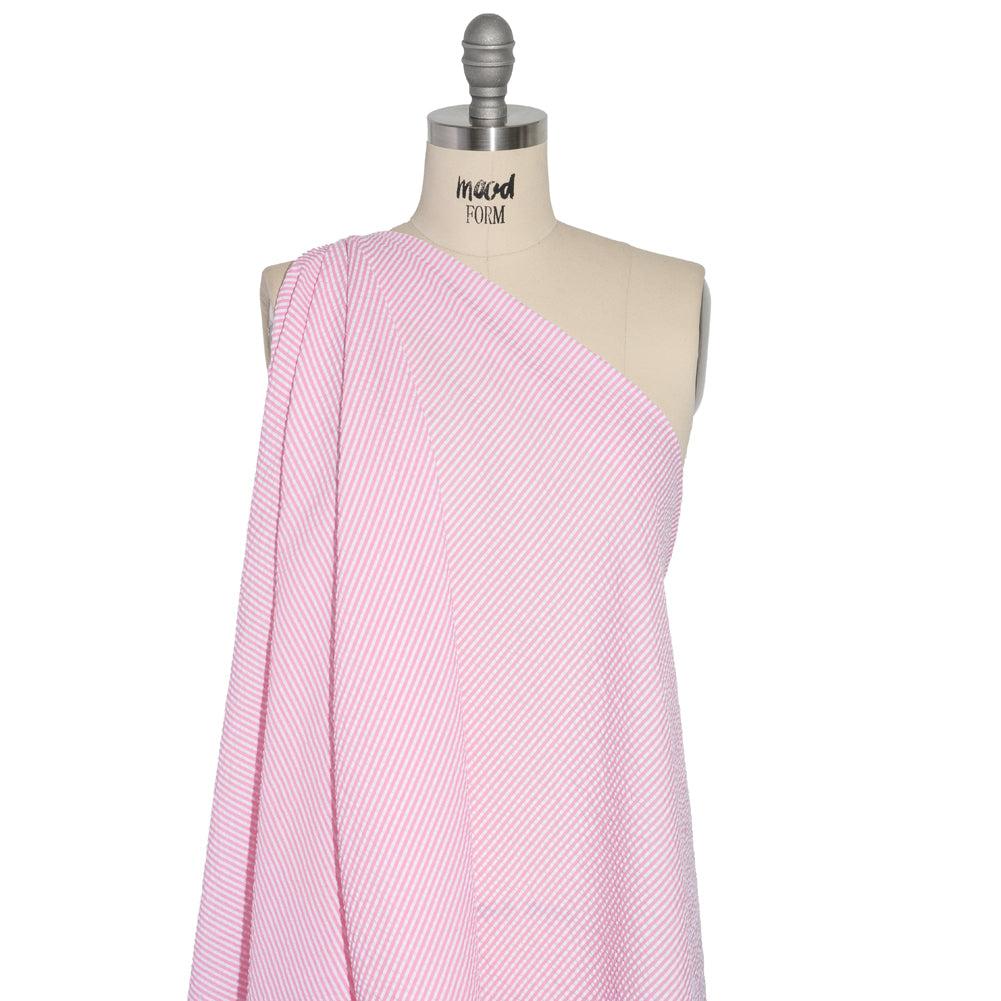 Polyester and Cotton Seersucker - Bubblegum Pink and White Candy Stripes - Wylie Collection