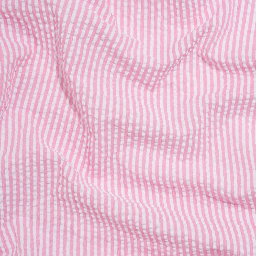 Polyester and Cotton Seersucker - Bubblegum Pink and White Candy Stripes - Wylie Collection