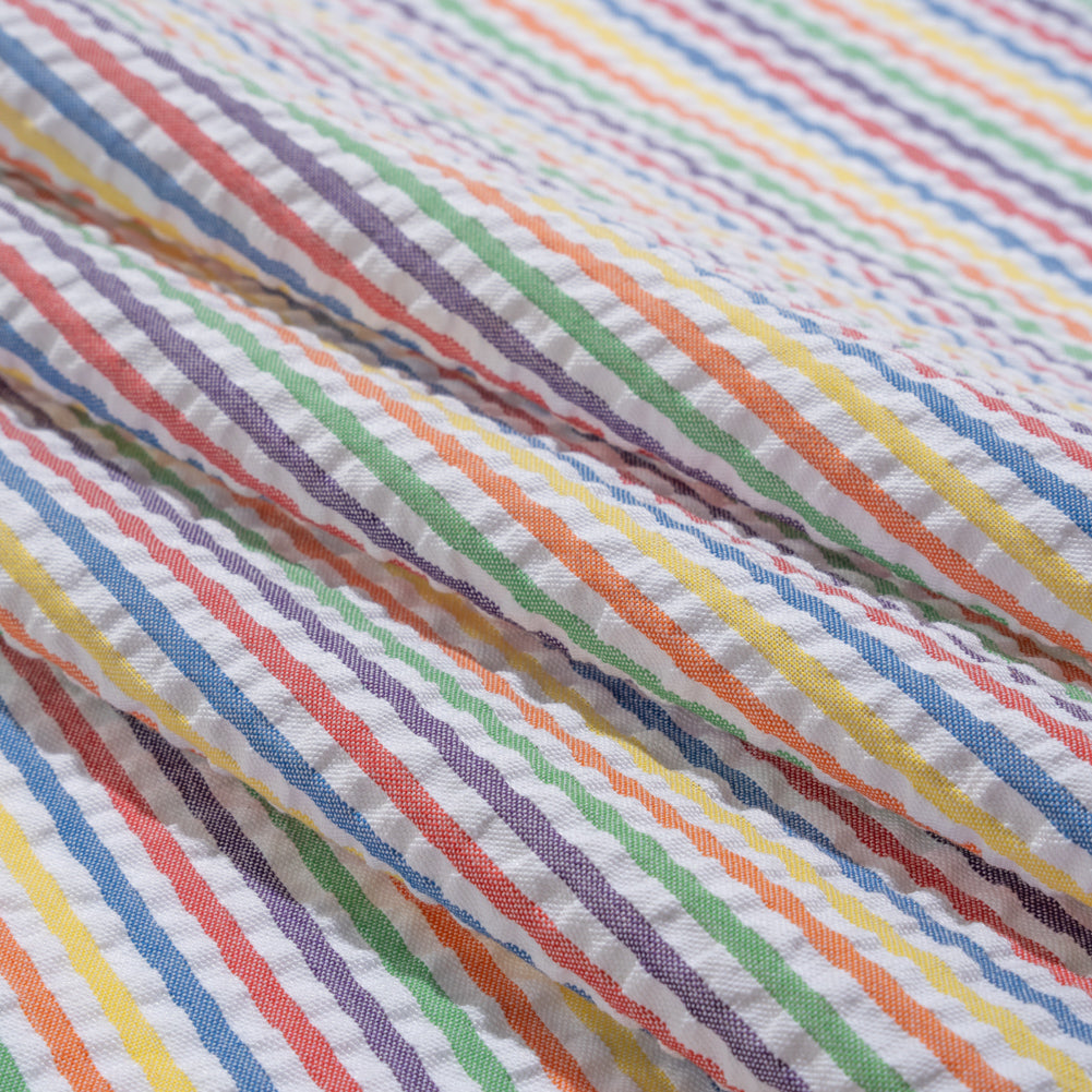 Polyester and Cotton Seersucker - Rainbow and White Candy Stripes - Wylie Collection