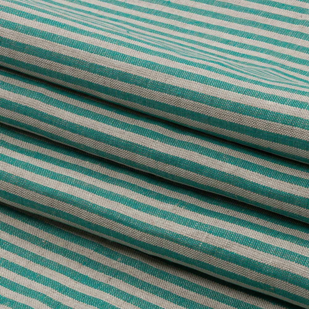 Turquoise and Oatmeal Striped Medium Weight Linen Woven