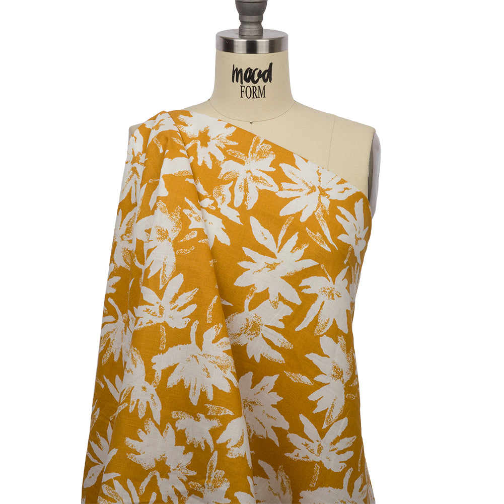 Gold and White Leaf Impressions Lightweight Linen Woven