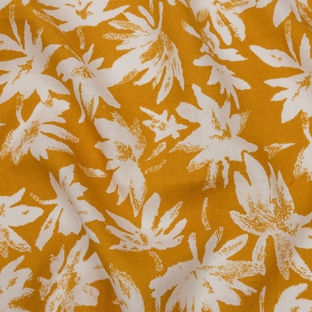 Gold and White Leaf Impressions Lightweight Linen Woven