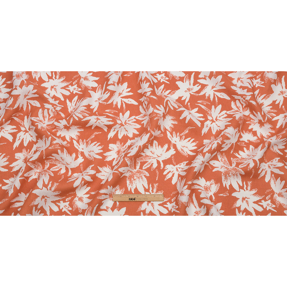 Deep Coral and White Leaf Impressions Lightweight Linen Woven